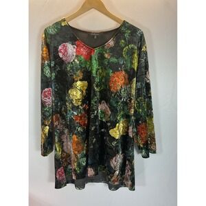 Calessa Plus Velvet Top 2X Tunic‎ Black Floral Velour long Sleeve Popover